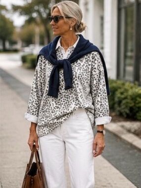 Cynthia Rowley Gray Leopard Print Crewneck Preppy Sweater 2X